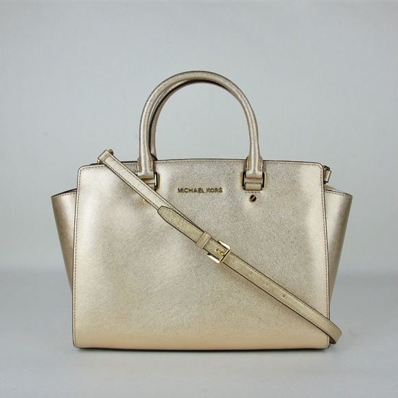 Selma Pale Gold Metallic Leather Satchel Bag - Picture 1 of 8
